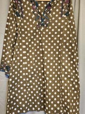 Women's Brown and White Polka Dot Casual Tunic with Embroidered Neckline